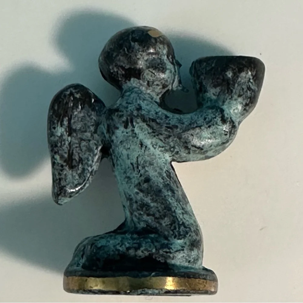Three Angel Candle Holders Miniature Brass With Verdigris Patina VINTAGE Germany
